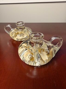 Vintage Joe St Clair Art Glass Candle Holders White/Yellow Flower Set of 2